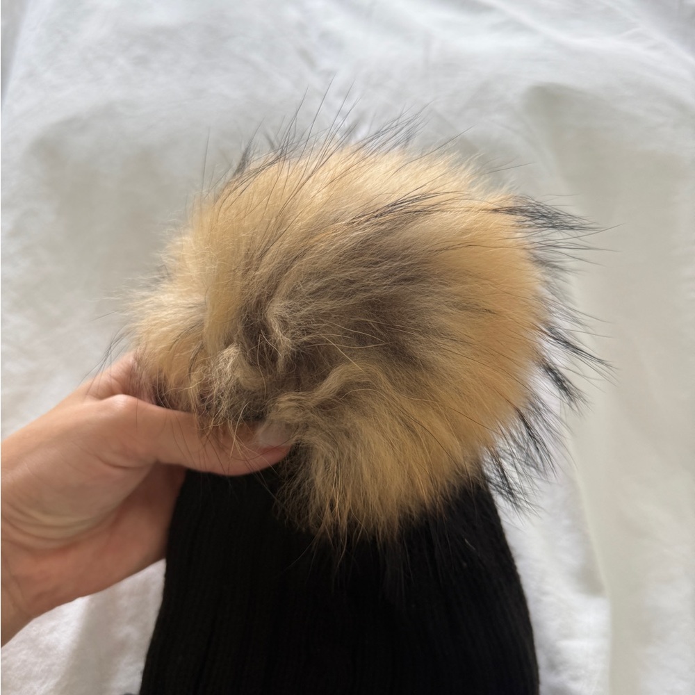 Moncler Black Beanie with Tan Fur Pom - Picture 3 of 6